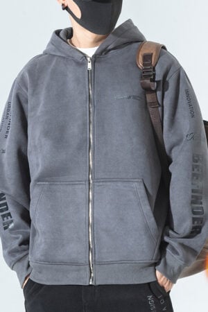Men's Pockets Full Zip Suede Hoodie
