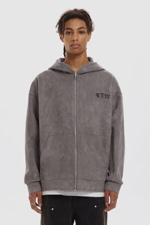 Men's Letters Zip Up Suede Hoodie
