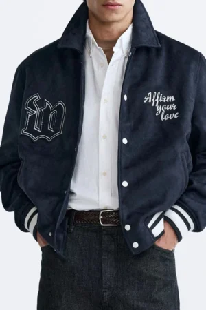 Men's Embroidered Lapel Faux Suede Jacket