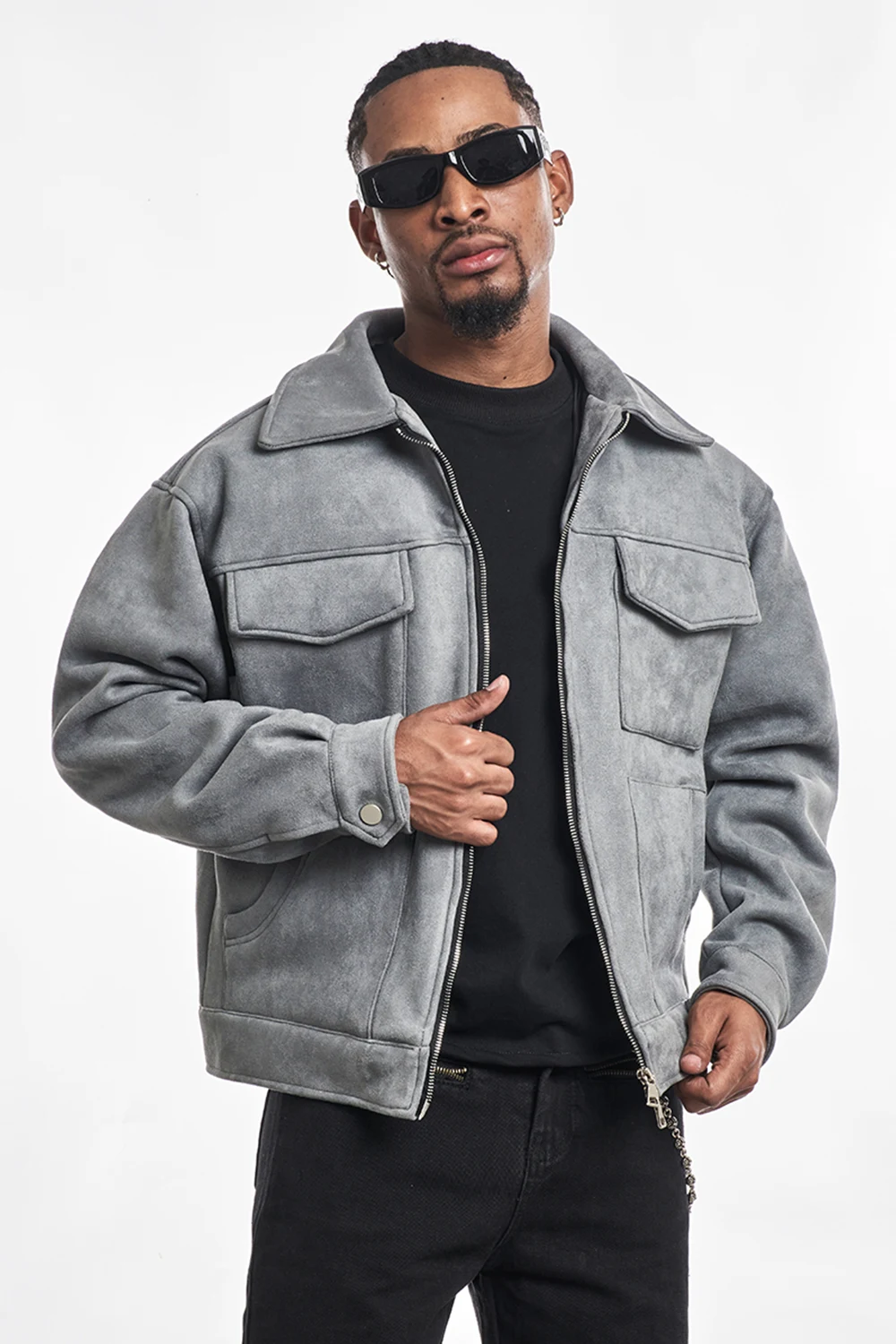 SJ020805 Men's Vintage Streetwear Cargo Faux Suede Jacket