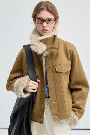 Women's Faux Suede Faux Fur Stand Collar Jacket