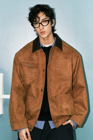 Amekaji Pockets Faux Suede Cargo Lapel Jacket